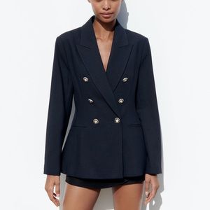 ZARA NWT Navy Blue Piqué Double Breasted Blazer XS
